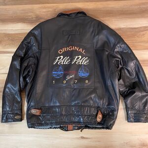 Pelle Pelle Black Leather Bomber Jacket with Tan Trim and Blue Embroidery